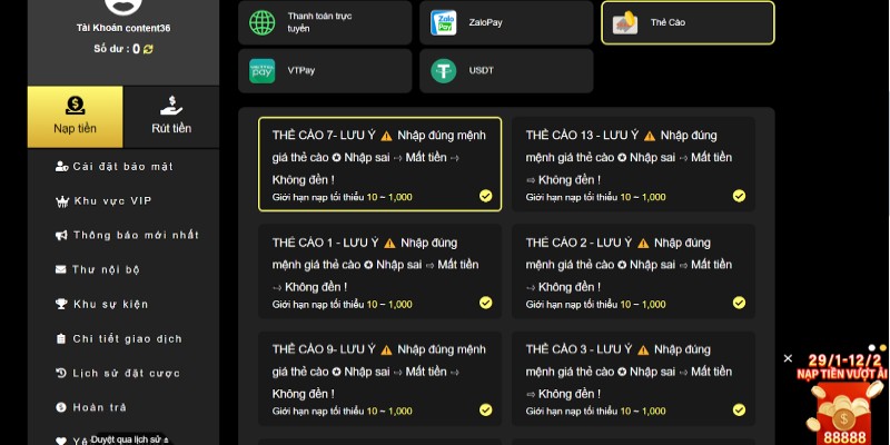 Nạp tiền HUBET bằng thẻ cào các nhà mạng