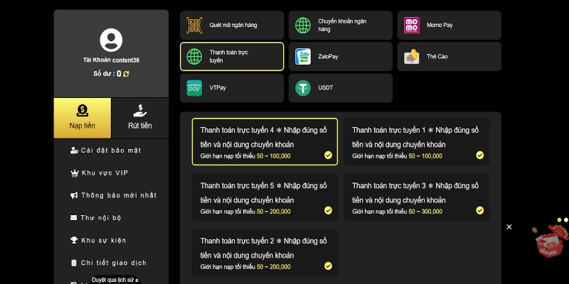 Nạp tiền vào HUBET bằng cách làm thanh toán trực tuyến
