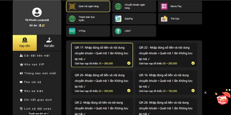 Quy trình nạp tiền vào HUBET theo phương thức QR